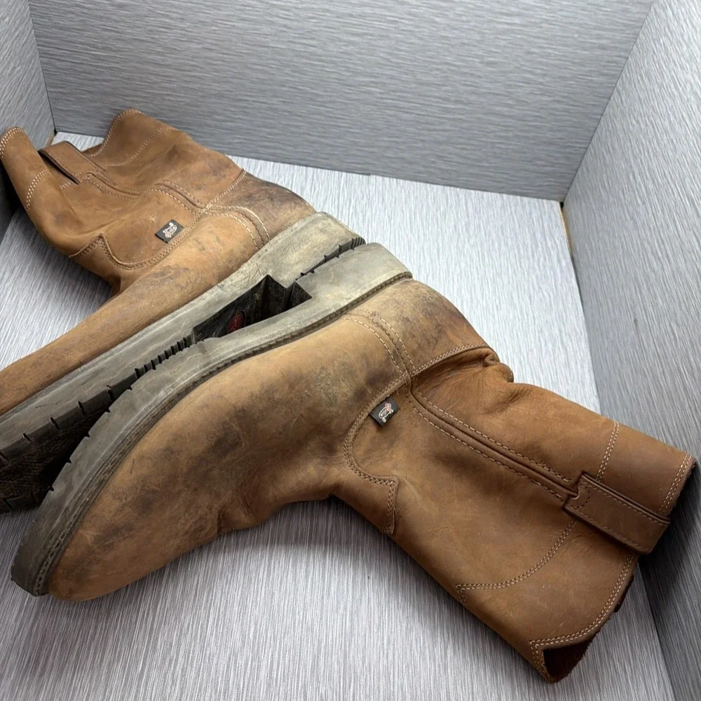 Justin Pull On Work Boots Men's 13 D Brown Leather Round Toe USA Made